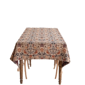 Vintage jacquard tablecloth with ethnic floral patterns and elegant beige tassels
