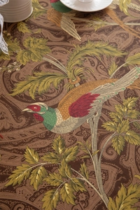 Detailed pattern of vintage pheasant and floral motifs on cotton canvas tablecloth