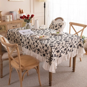 French Vintage Polyester Botanical Floral Printed Tablecloth With Ruffle Edge Rectangular Dustproof Decorative Table Cover