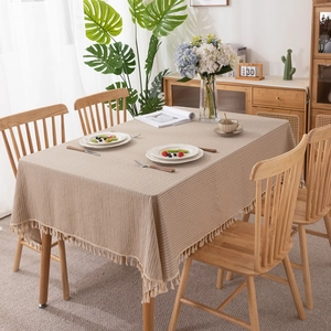 Japanese style cotton tablecloth with geometric stripes and handmade tassels for dining table