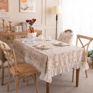 French floral rectangular tablecloth with vintage botanical print and ruffle edges