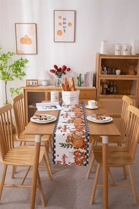 Detail of Happy Thanksgiving table runner with pumpkin, maple leaf print and plaid border