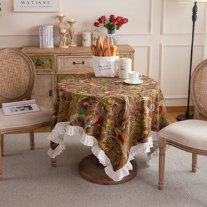 American Vintage Cotton Canvas Bird Floral Printed Tablecloth With Ruffles Pleated Edge Round Rectangular Table Cover Home Dining Decor