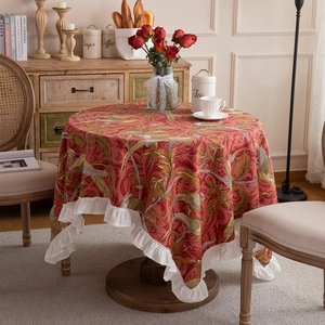 Vintage red cotton canvas round tablecloth with floral bird patterns and ruffled edges