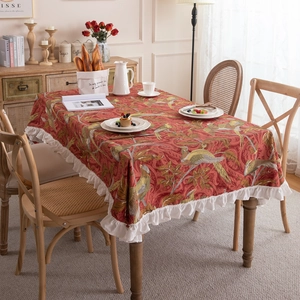 Vintage red cotton canvas tablecloth with bird floral patterns and ruffled edges