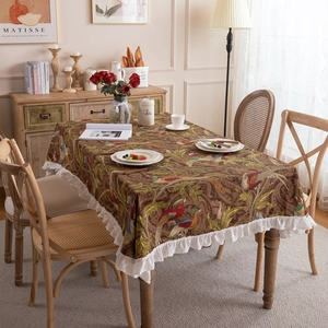 Vintage cotton canvas tablecloth with bird floral print and white ruffle edge