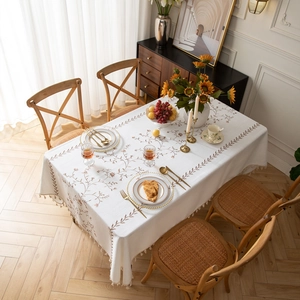 French vintage beige tablecloth with coffee leaf embroidery and fringe tassels