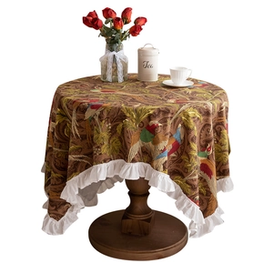 Vintage round cotton canvas tablecloth with pheasant floral prints and ruffled edge