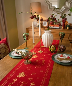 Detailed view of red festive table runner with golden jacquard lanterns and fortune symbols