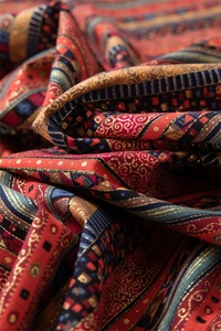 Close-up of Bohemian tablecloth with gold foil stripes and intricate jacquard texture