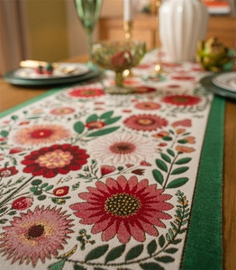 Detailed weave of jacquard table runner with spring floral pattern and green border