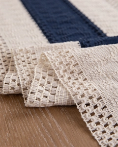 Detailed macro view of dual-color woven table runner with intricate crochet hollow patterns
