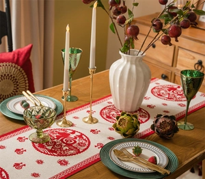 Detail of red jacquard table runner with Fu character and traditional floral patterns