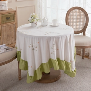 French vintage round tablecloth with green ruffle hem and floral embroidery for dining table