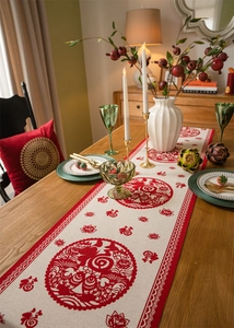 Detail of Chinese New Year table runner with Fu character jacquard and festive patterns