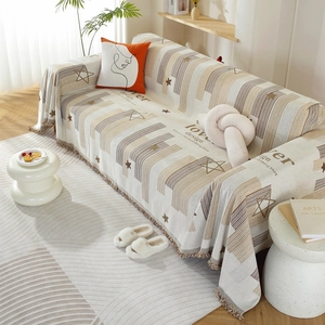 Nordic chenille sofa cover blanket with star stripes and fringe trim for three-seater couch