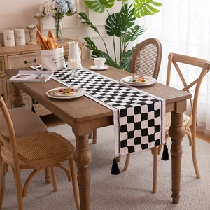 Nordic Checkerboard Table Runner With Black Tassels Geometric Rhombus Floral Jacquard Polyester Tablecloth For Dining Room Home Decor