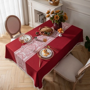 Red Wedding Jacquard Tablecloth Retro Floral Tassel Table Cover Dining Room Table Cloth New Year Home Decor Dustproof
