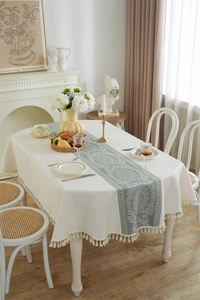 French retro tablecloth with Morandi green floral pattern and ivory tassel edge