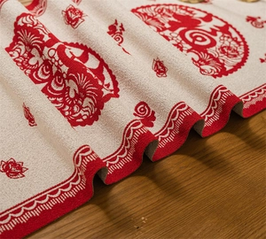Close-up of jacquard fabric table runner featuring traditional Chinese Fu character