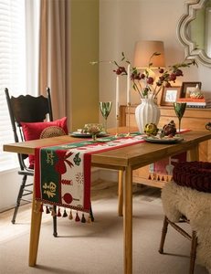 Detail of Chinese New Year table runner with Fu character jacquard and festive tassels