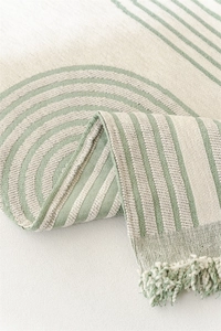 Detail of Nordic chenille sofa throw with green geometric patterns and fringed edges