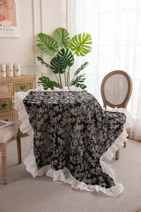 French style waterproof cotton tablecloth with floral prints and white ruffled edge