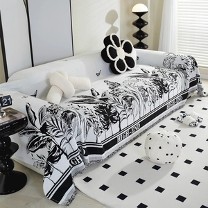 Nordic chenille sofa cover with black and white botanical leaf pattern and HIGH-END text