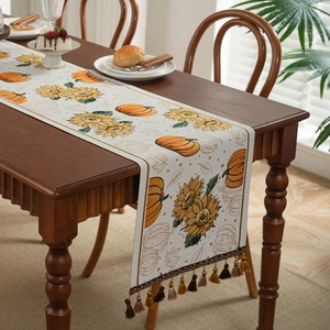 Polyester Jacquard Table Runner Halloween Bat Pumpkin Thanksgiving Sunflower Pattern Tassels Home Party Dining Decor