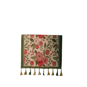 Runner da tavola moderno in jacquard a fiori con margherite e nappe verdi eleganti