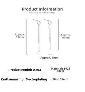 Detailed size specifications of long S925 sterling silver drop earrings with geometric discs