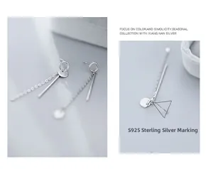 Detailed macro view of S925 sterling silver hallmarked earring pins and long chains