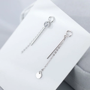 S925 Sterling Silver Asymmetrical Round Disk Chain Stud Earrings Minimalist Long Tassel Drop Earrings For Women Jewelry