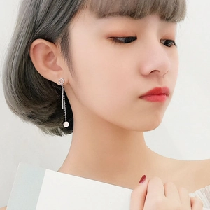 S925 sterling silver asymmetrical disc drop earrings with minimalist chain and long bar