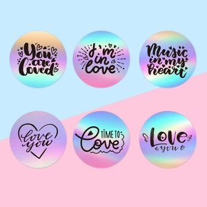 Holographic round heart stickers with romantic quotes for Valentine gift sealing