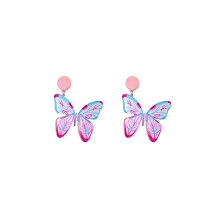 Detailed macro view of pink and blue oil painting butterfly acrylic earrings with studs