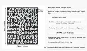 Detail of 1-inch glitter alphabet and number stickers with size measurement 193x229mm