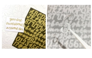 Macro view of picking 1-inch gold glitter letter sticker with tweezers for DIY decor