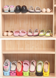 Visual comparison showing how the adjustable shoe stacker saves 50% cabinet space