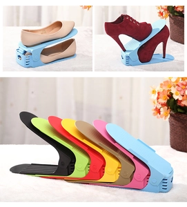Adjustable double-layer plastic shoe organizer showing multi-color space-saving racks