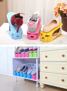 Close-up of adjustable double-layer plastic shoe slots in various colors for space saving