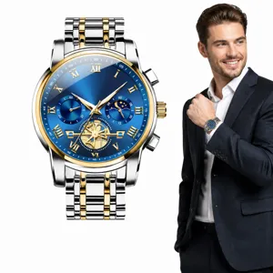 Reloj de Cuarzo de Negocios para Hombre Correa de Acero Inoxidable Impermeabile Luminoso Fase Lunar Cronógrafo Números Romanos