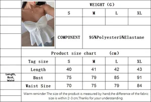 Size chart for women's white strapless top with bust measurements and fabric details