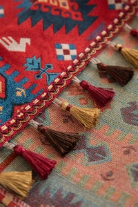 Close-up of geometric jacquard fabric with fringe tassels and golden wavy trim