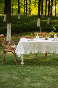 Close-up of white lace tablecloth with floral embroidery and ruffled edge in outdoor garden