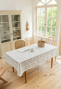 Französische Vintage-Tischdecke in Beige mit braunen Jacquard-Rankenmustern