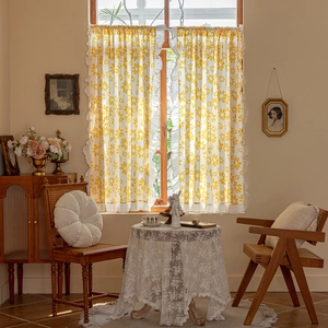 Floral cotton cafe curtains with yellow daisies and white ruffle trim for home decor