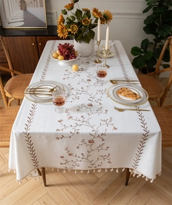 Detailed close-up of coffee leaf embroidery on a white linen tablecloth with tassels