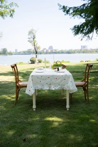 Close-up of French cotton tablecloth with colorful floral embroidery and ruffled edge decor