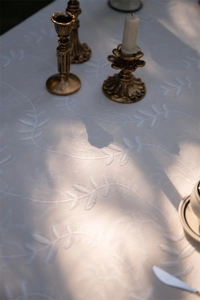 Detail of white French lace tablecloth with delicate leaf embroidery in outdoor light